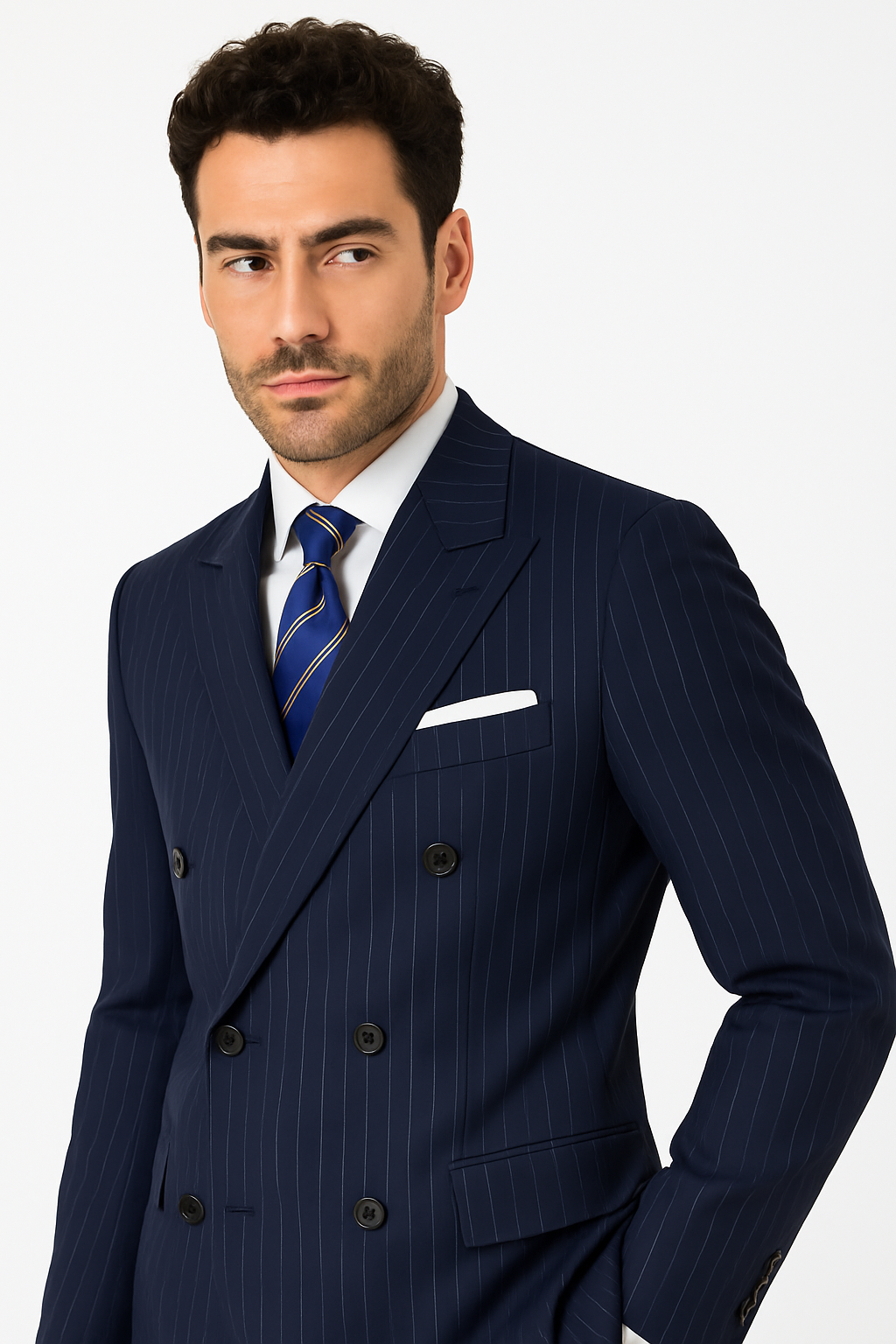 Mens Kingsman Double Breasted Navy Pinstripe Suit - New Arrival - 38 Short Jacket+32 Waist Adjustable 28to34)(Height: 5 4 to5 7 )(Neck  15-16.5)S-M)