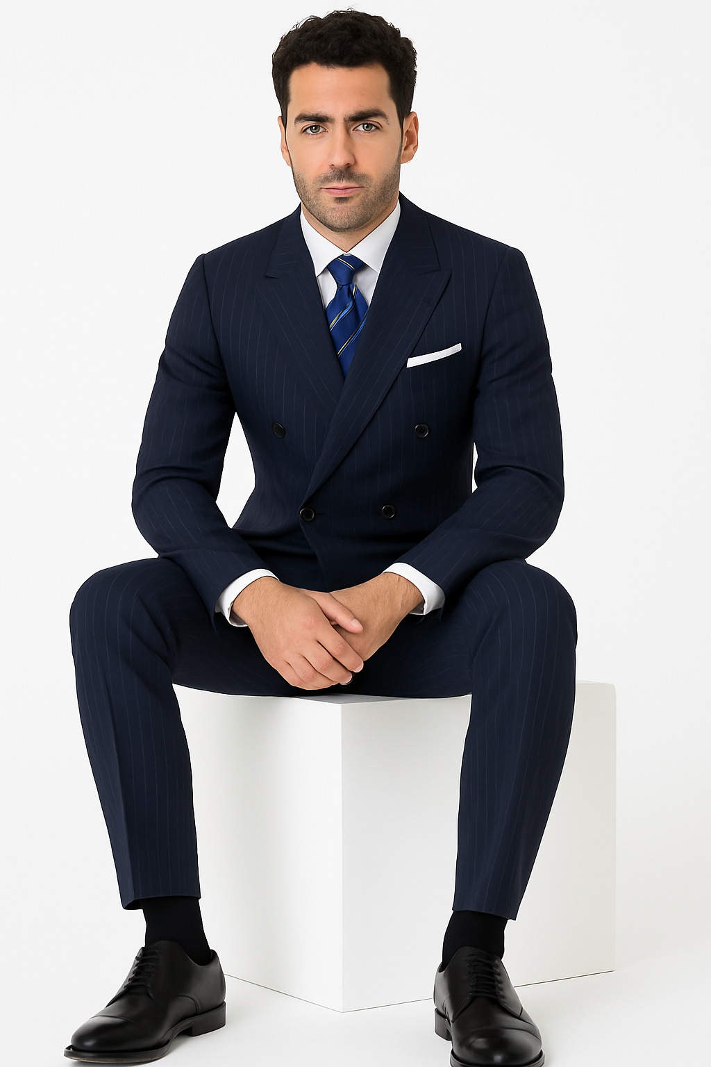 Mens Kingsman Double Breasted Navy Pinstripe Suit - New Arrival - 38 Short Jacket+32 Waist Adjustable 28to34)(Height: 5 4 to5 7 )(Neck  15-16.5)S-M)