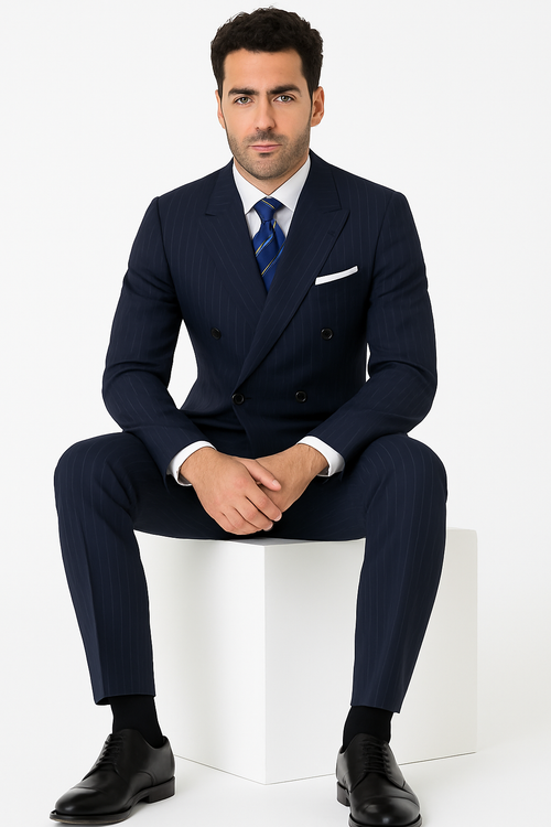 Mens Double Breasted Navy Pinstripe Suit - New Arrival