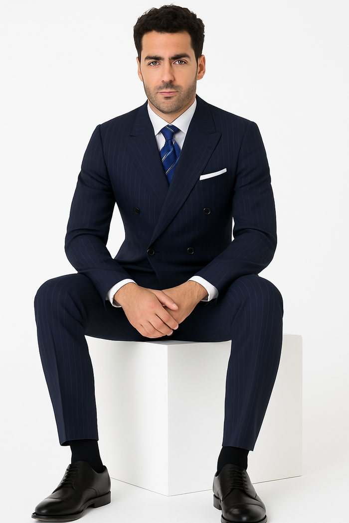 Mens Double Breasted Navy Pinstripe Suit - New Arrival