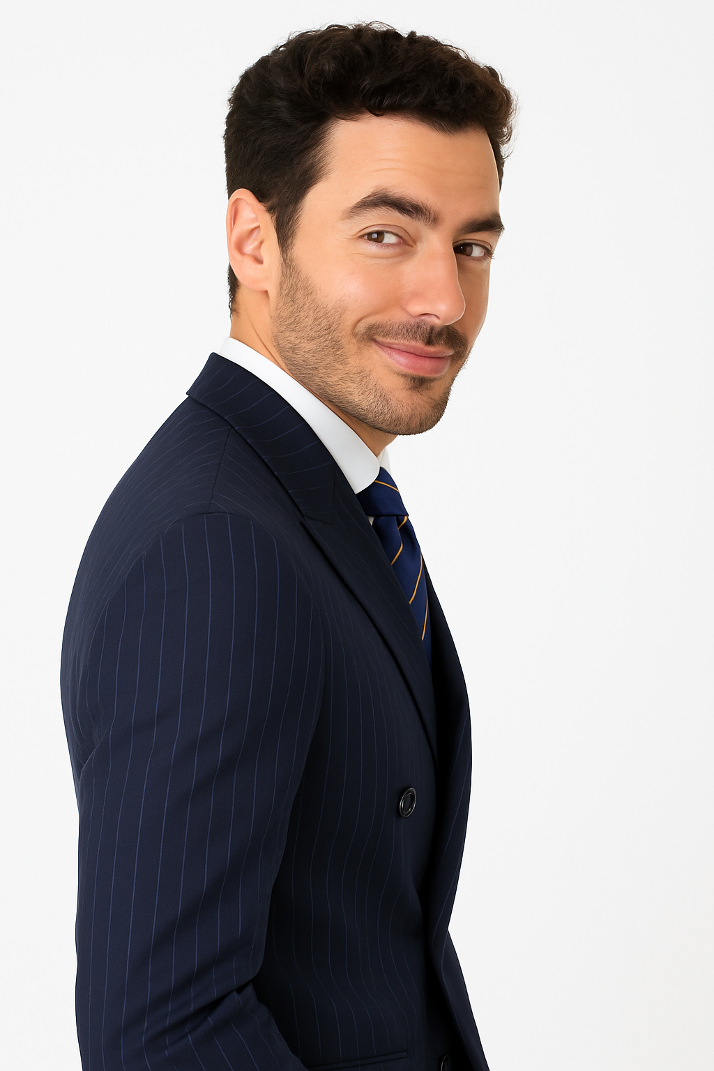 Mens Kingsman Double Breasted Navy Pinstripe Suit - New Arrival - 38 Short Jacket+32 Waist Adjustable 28to34)(Height: 5 4 to5 7 )(Neck  15-16.5)S-M)