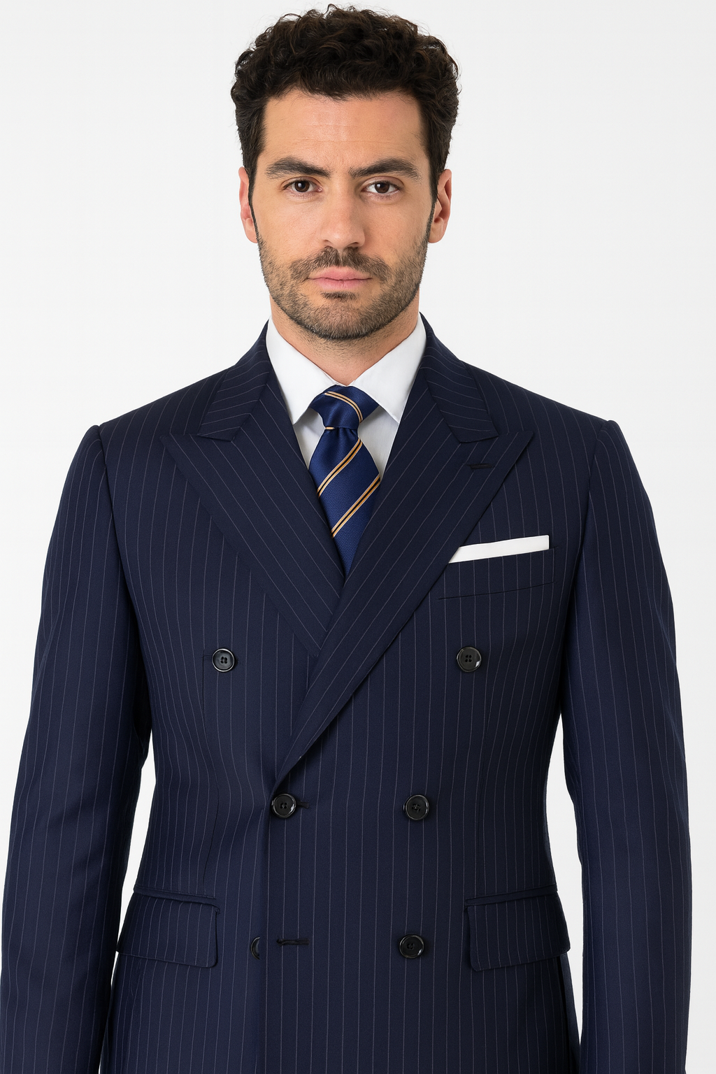 Mens Kingsman Double Breasted Navy Pinstripe Suit - New Arrival - 38 Short Jacket+32 Waist Adjustable 28to34)(Height: 5 4 to5 7 )(Neck  15-16.5)S-M)