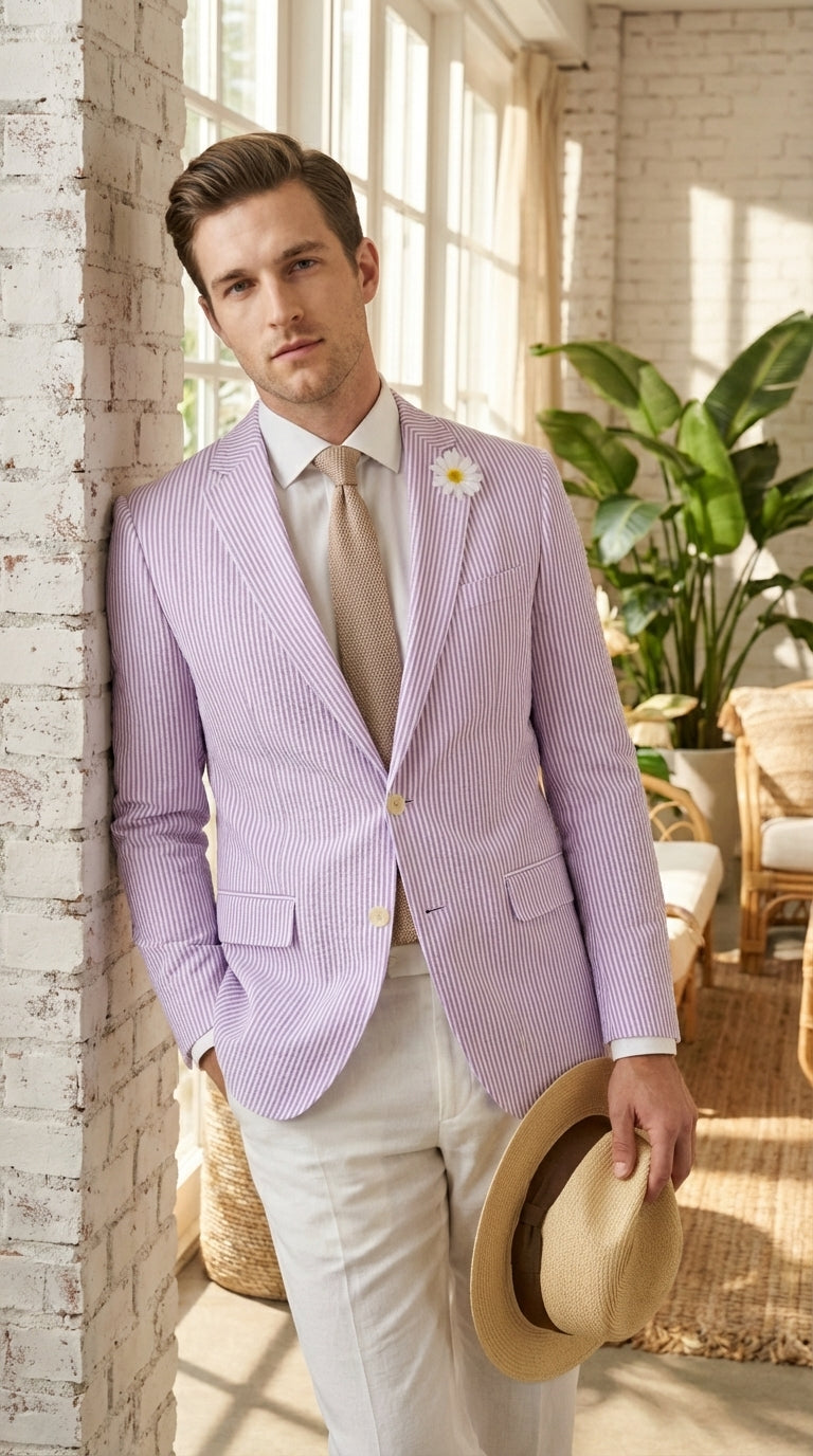 Mens Lavender Seersucker Blazer – Lightweight Striped Summer Sport Coat Casual Smart Formal Jacket - 34 Short