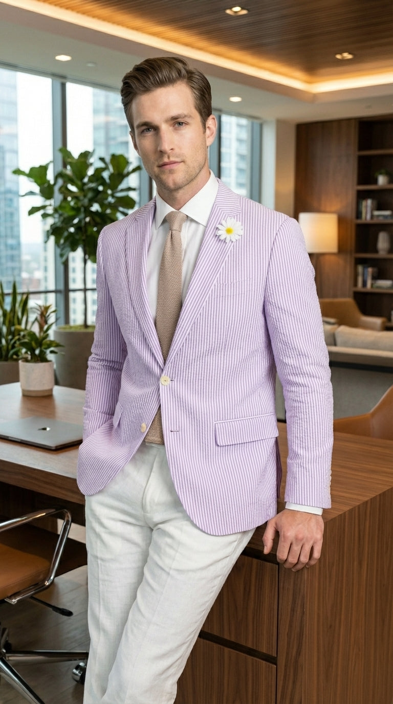 Mens Lavender Seersucker Blazer – Lightweight Striped Summer Sport Coat Casual Smart Formal Jacket - 34 Short