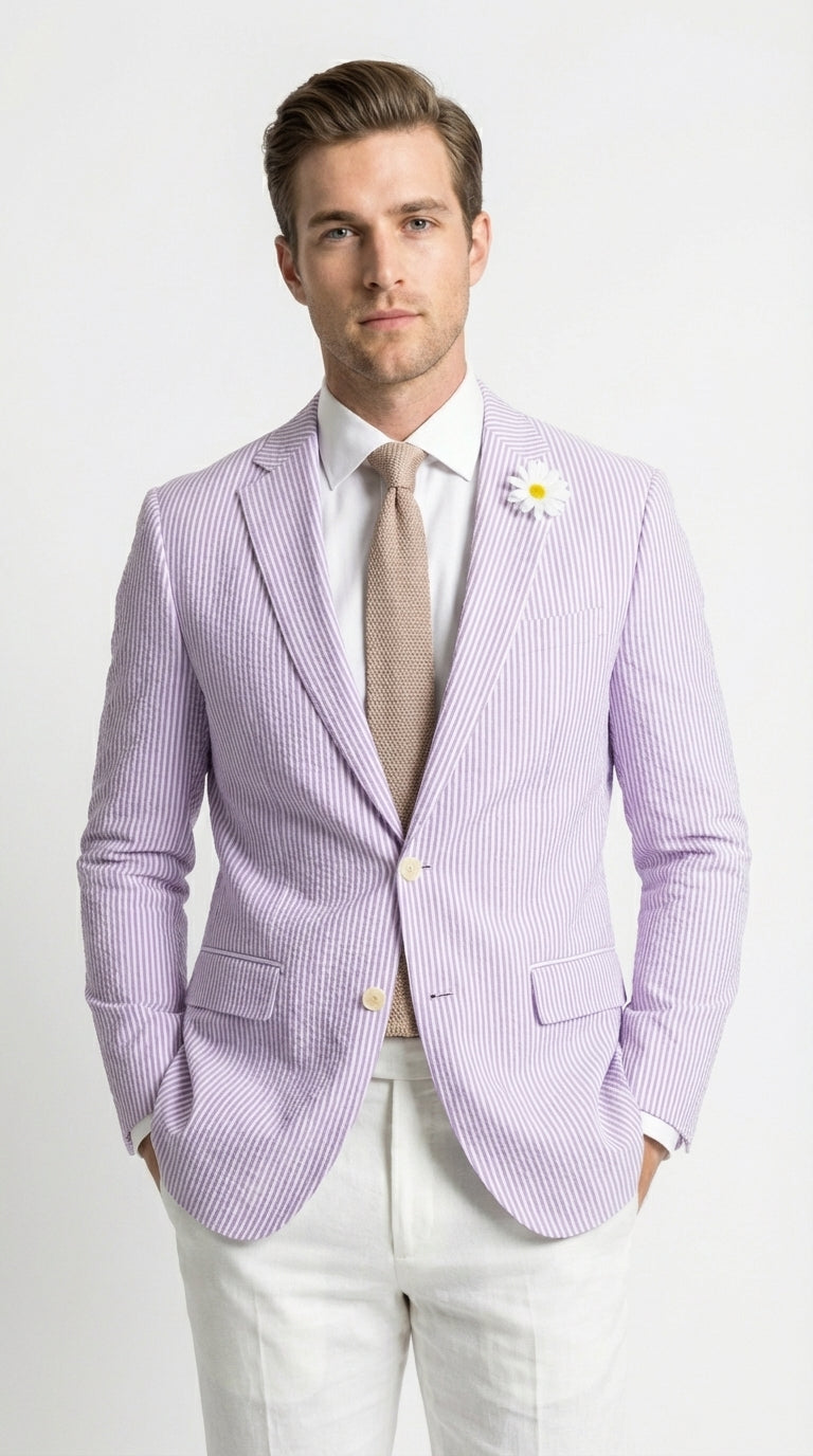 Mens Lavender Seersucker Blazer – Lightweight Striped Summer Sport Coat Casual Smart Formal Jacket - 34 Short