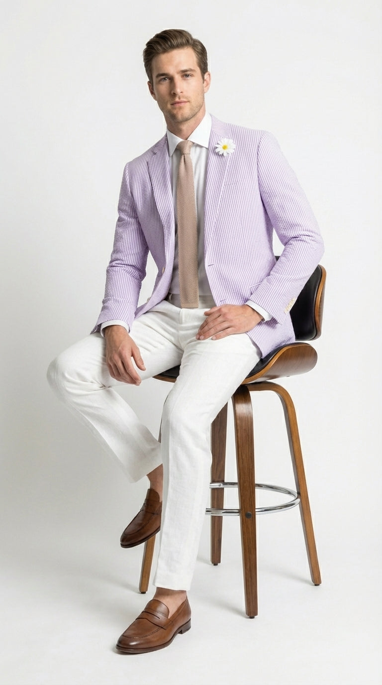 Mens Lavender Seersucker Blazer – Lightweight Striped Summer Sport Coat Casual Smart Formal Jacket - 34 Short