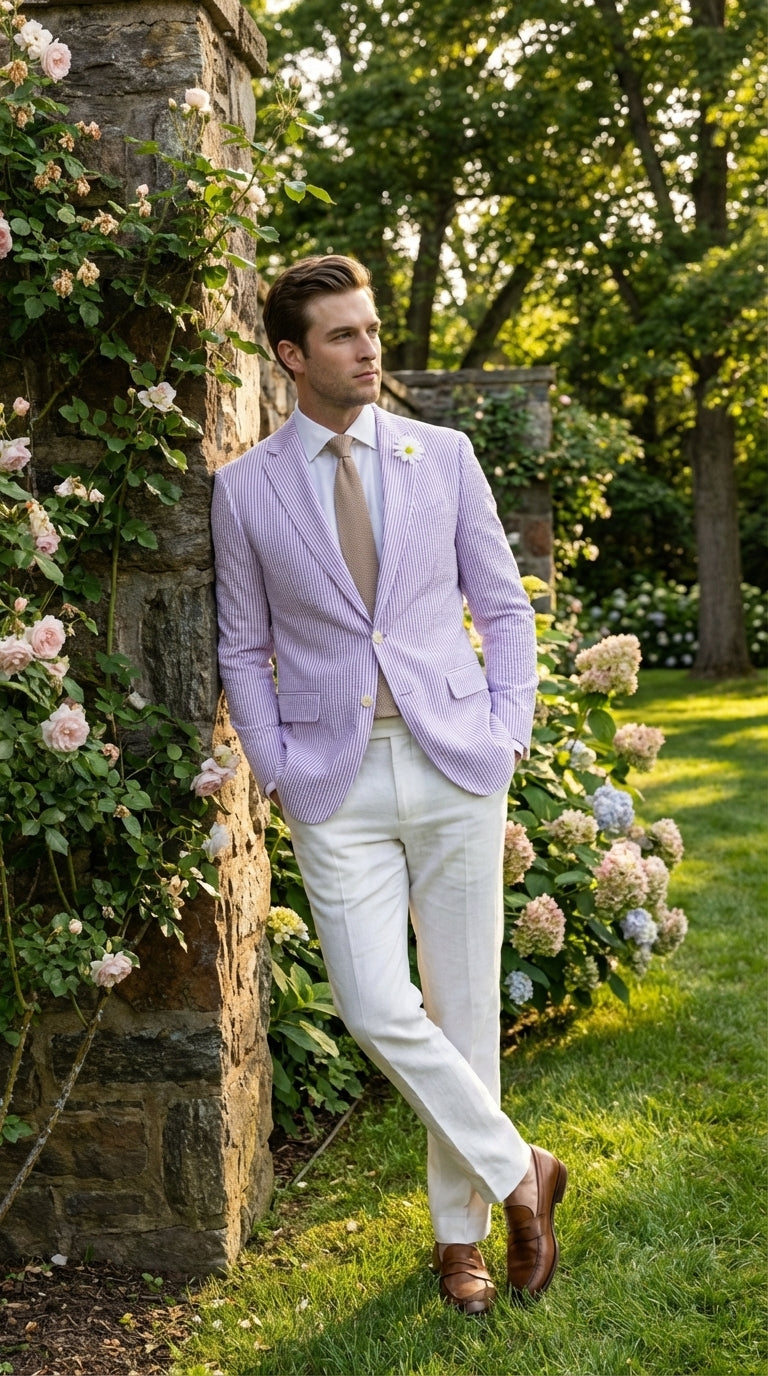 Mens Lavender Seersucker Blazer – Lightweight Striped Summer Sport Coat Casual Smart Formal Jacket - 34 Short