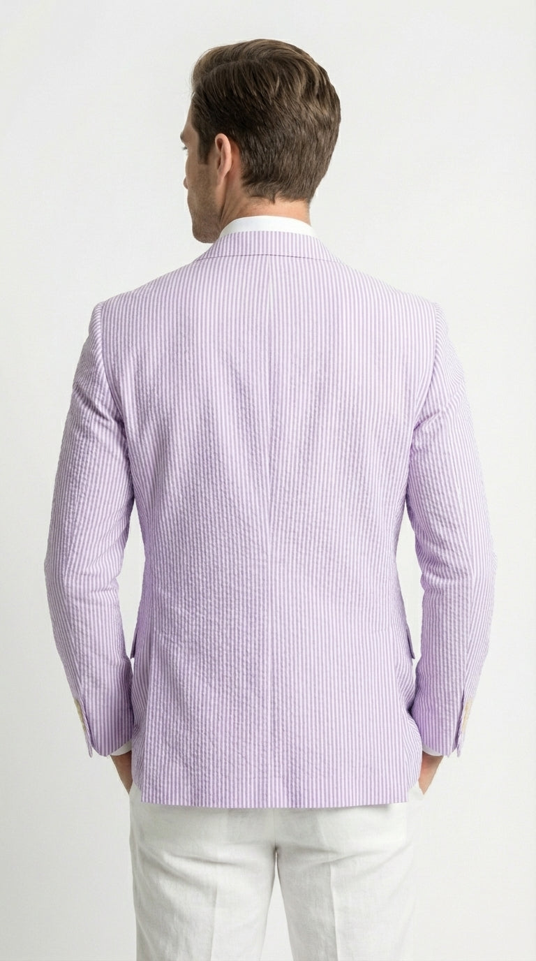 Mens Lavender Seersucker Blazer – Lightweight Striped Summer Sport Coat Casual Smart Formal Jacket - 34 Short