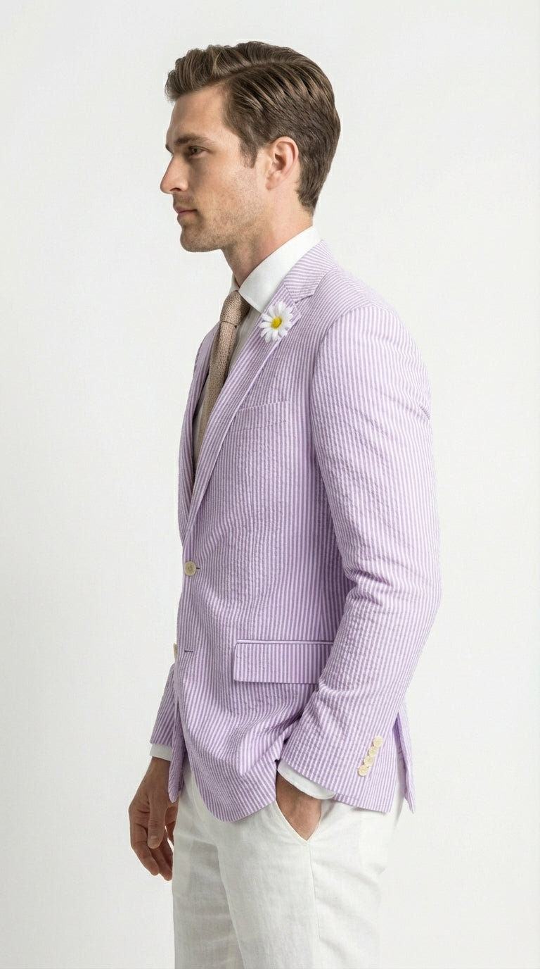 Mens Lavender Seersucker Blazer – Lightweight Striped Summer Sport Coat Casual Smart Formal Jacket - 34 Short