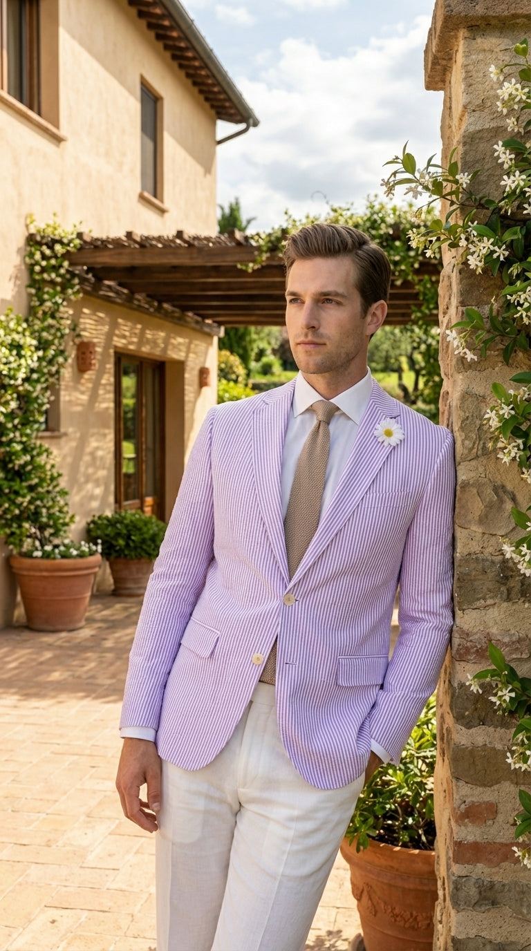 Mens Lavender Seersucker Blazer – Lightweight Striped Summer Sport Coat Casual Smart Formal Jacket - 34 Short