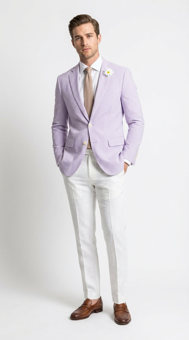 Mens Lavender Seersucker Blazer – Lightweight Striped Summer Sport Coat Casual Smart Formal Jacket - 34 Short