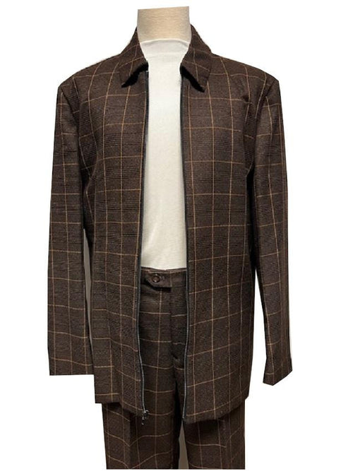 Mens Leisure Casual Suit Brown Windowpane 6775