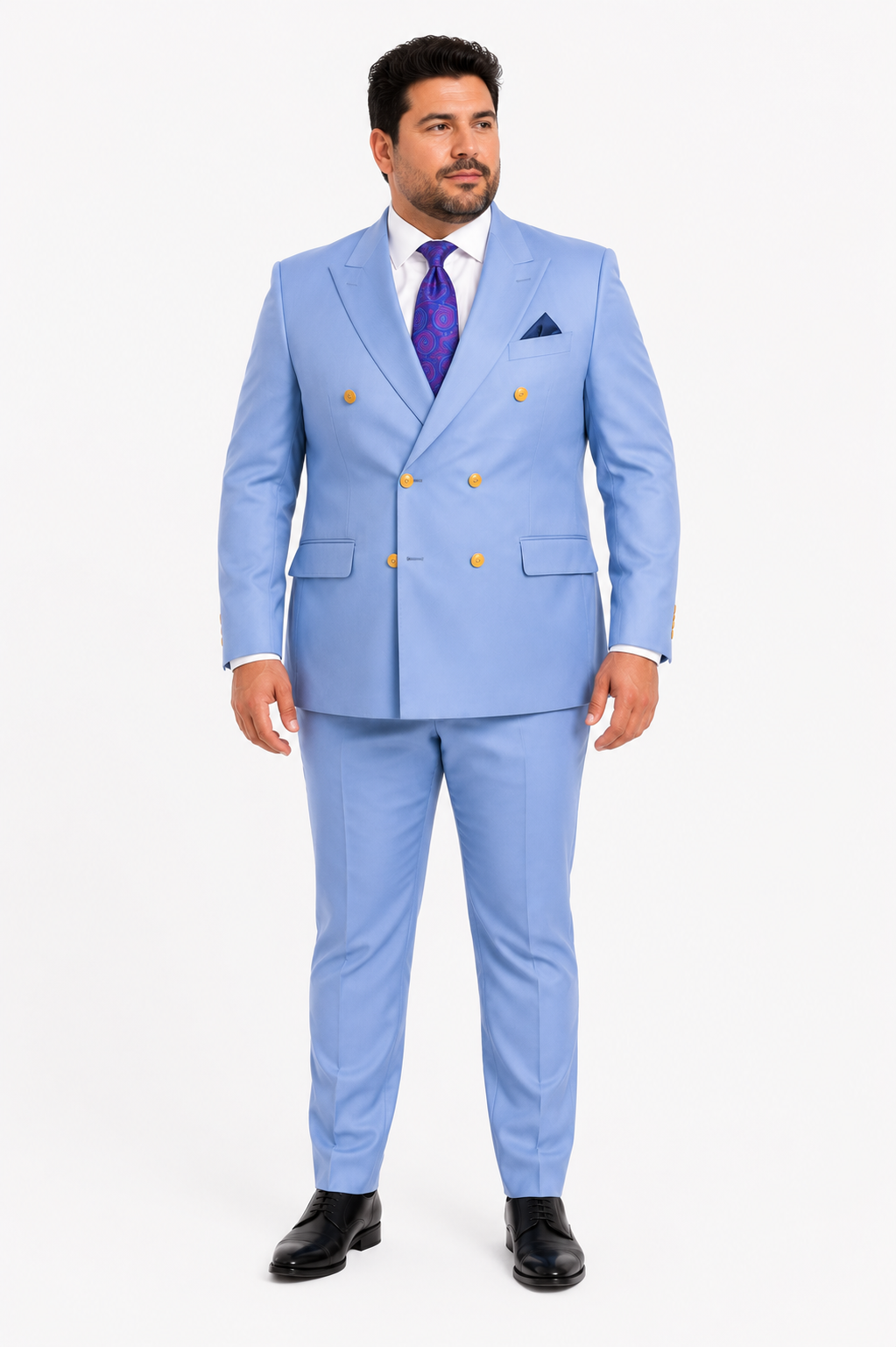 Mens Light Blue Double-Breasted Suits with Gold Button Slim Fit 2-Piece Formal Set in Sky Blue Color