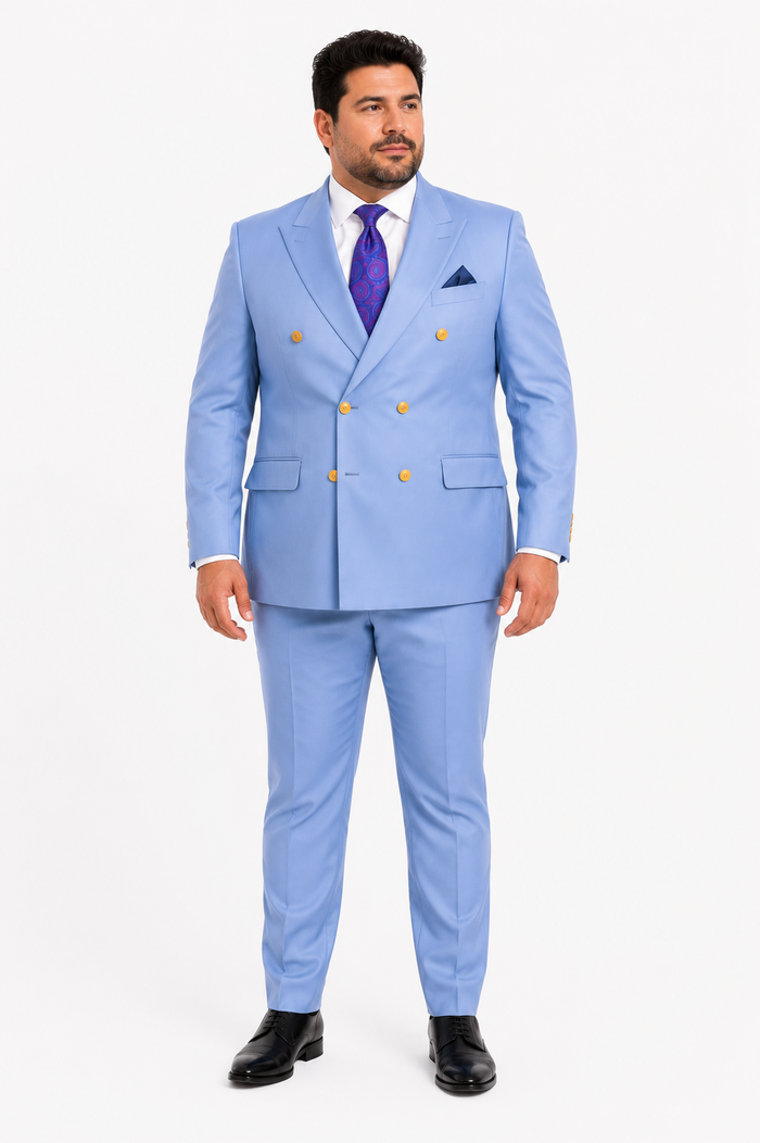 Mens Light Blue Double-Breasted Suits with Gold Button Slim Fit 2-Piece Formal Set in Sky Blue Color