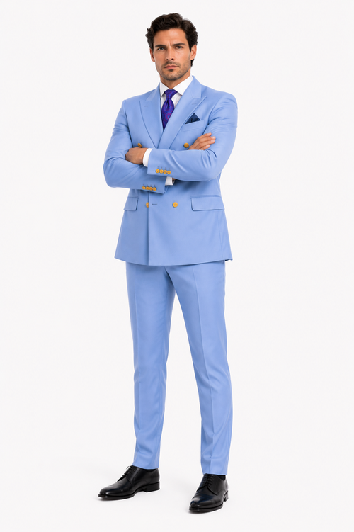 Mens Light Blue Double-Breasted Suits with Gold Button Slim Fit 2-Piece Formal Set in Sky Blue Color