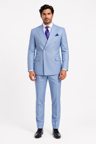 Mens Light Blue Double-Breasted Suits with Gold Button Slim Fit 2-Piece Formal Set in Sky Blue Color