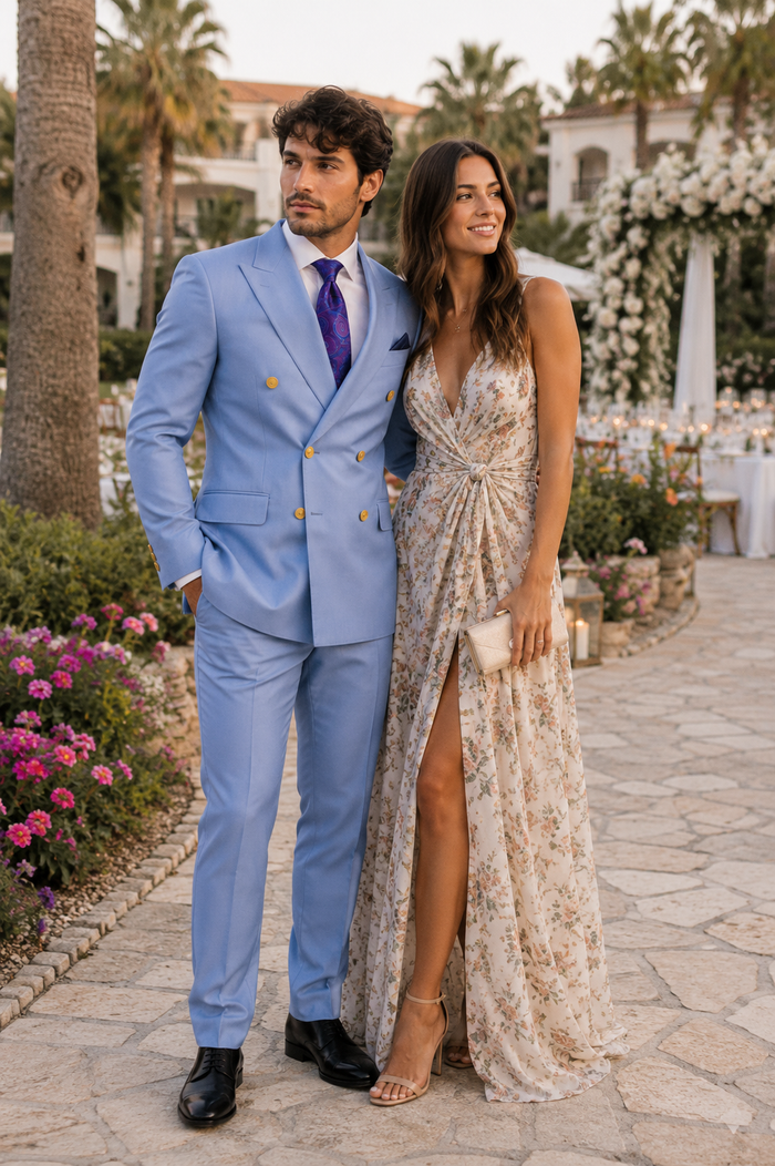 Mens Light Blue Double-Breasted Suits with Gold Button Slim Fit 2-Piece Formal Set in Sky Blue Color