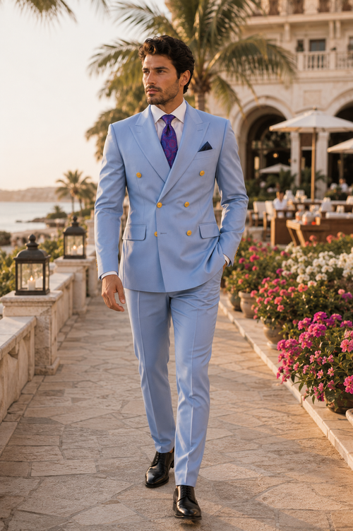 Mens Light Blue Double-Breasted Suits with Gold Button Slim Fit 2-Piece Formal Set in Sky Blue Color