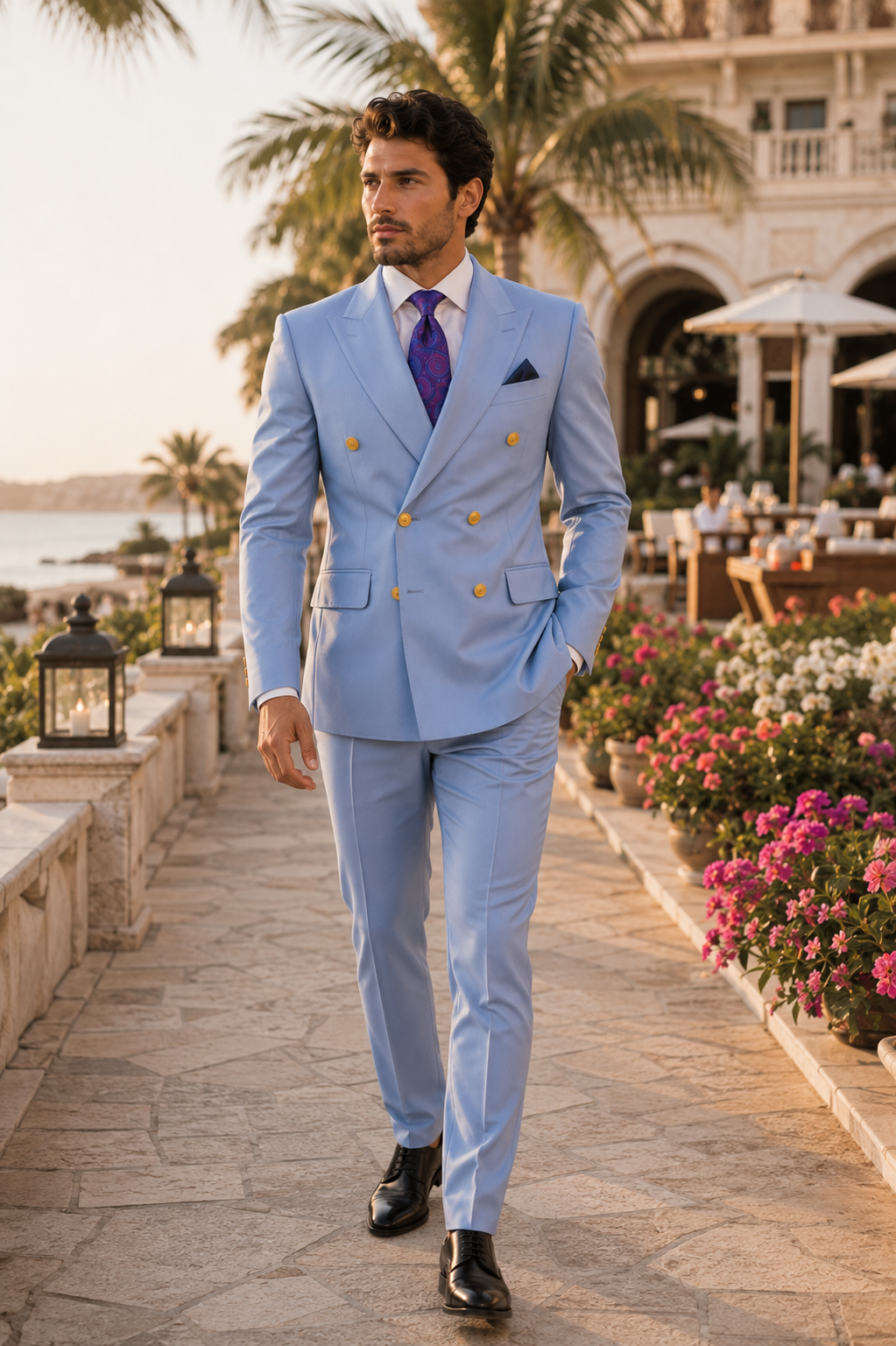 Mens Light Blue Double-Breasted Suits with Gold Button Slim Fit 2-Piece Formal Set in Sky Blue Color