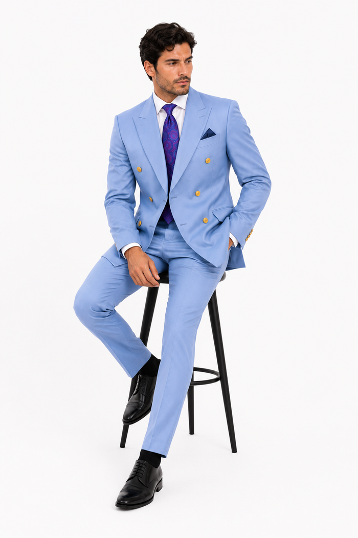 Mens Light Blue Double-Breasted Suits with Gold Button Slim Fit 2-Piece Formal Set in Sky Blue Color