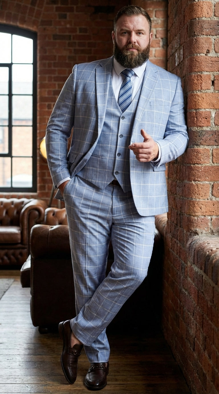 Mens Light Blue Plaid Three Piece Suit – Windowpane Check Wedding and Business Formal Suit Set - 34 Short or Extra Small