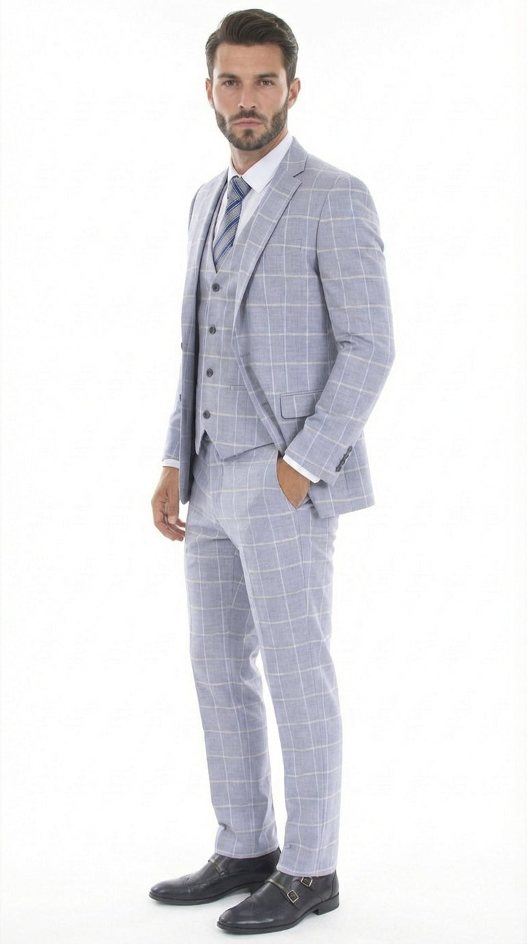 Mens Light Blue Plaid Three Piece Suit – Windowpane Check Wedding and Business Formal Suit Set - 34 Short or Extra Small