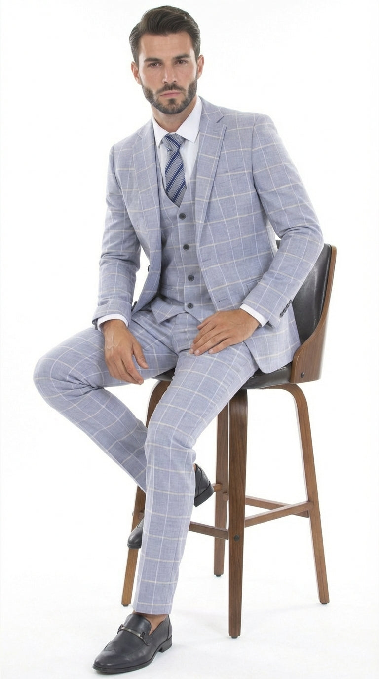 Mens Light Blue Plaid Three Piece Suit – Windowpane Check Wedding and Business Formal Suit Set - 34 Short or Extra Small