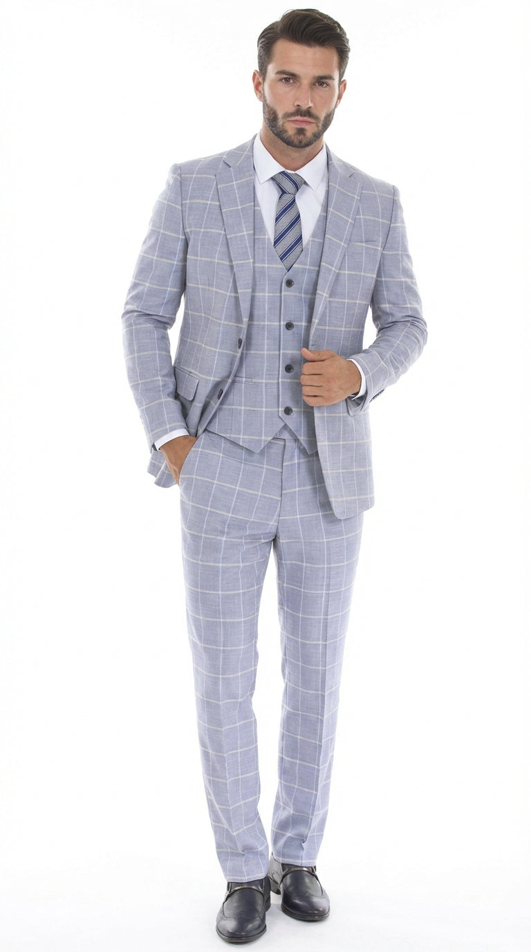 Mens Light Blue Plaid Three Piece Suit – Windowpane Check Wedding and Business Formal Suit Set - 34 Short or Extra Small