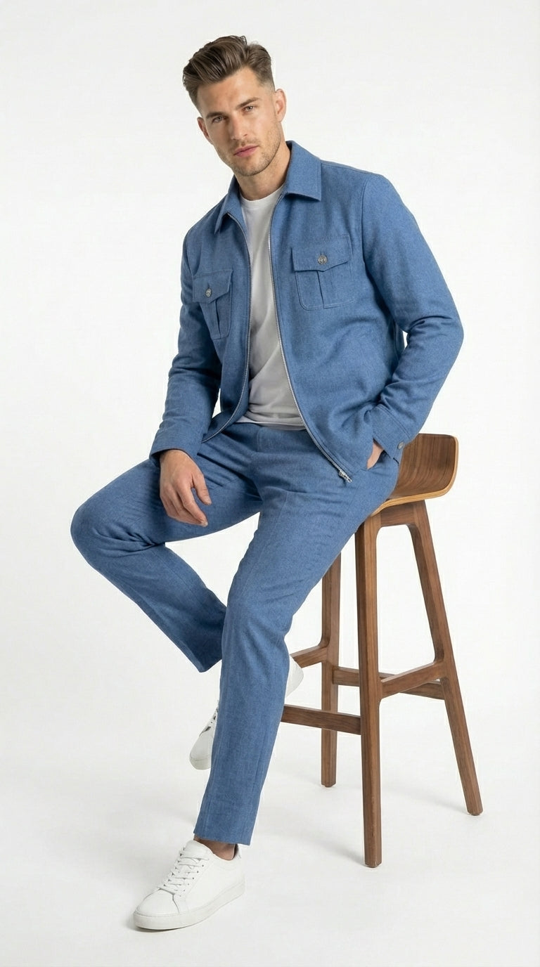 Mens Light Blue Walking Suit Set – Safair Military Casual Jacket and Pants Outfit for Travel, Vacation, Streetwear - S
