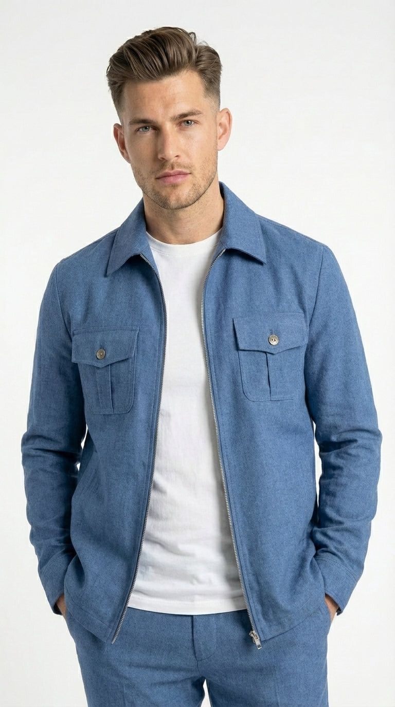 Mens Light Blue Walking Suit Set – Safair Military Casual Jacket and Pants Outfit for Travel, Vacation, Streetwear - S