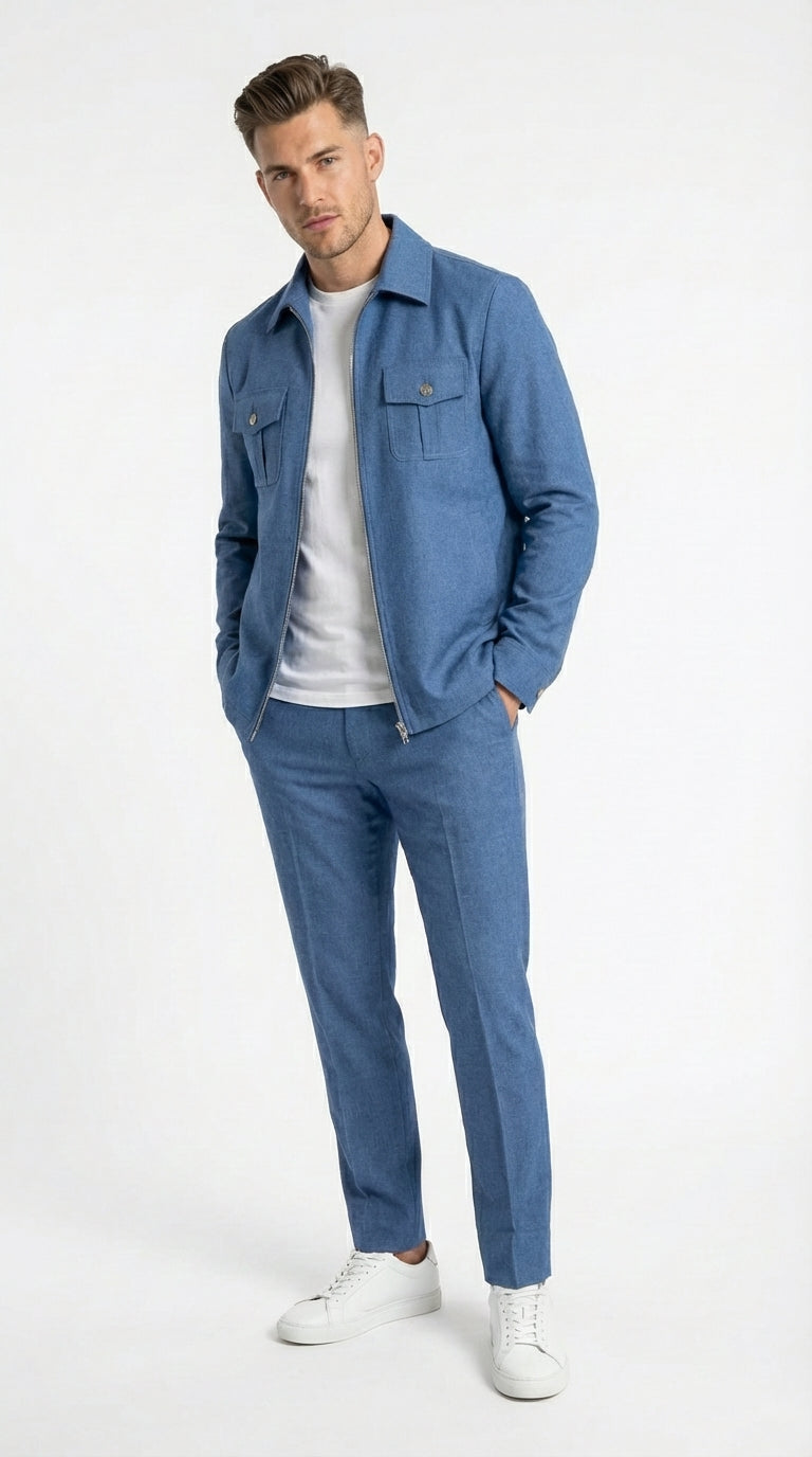 Mens Light Blue Walking Suit Set – Safair Military Casual Jacket and Pants Outfit for Travel, Vacation, Streetwear - S