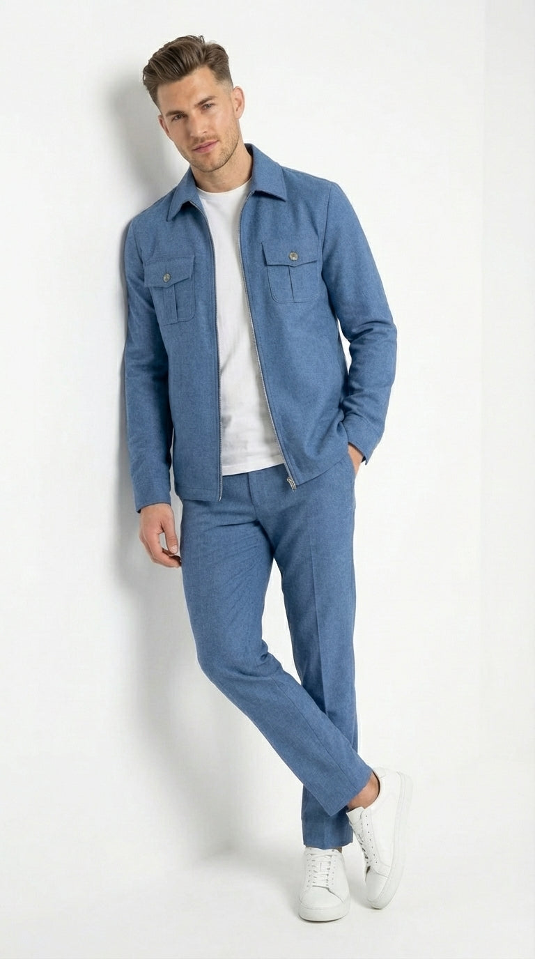 Mens Light Blue Walking Suit Set – Safair Military Casual Jacket and Pants Outfit for Travel, Vacation, Streetwear - S