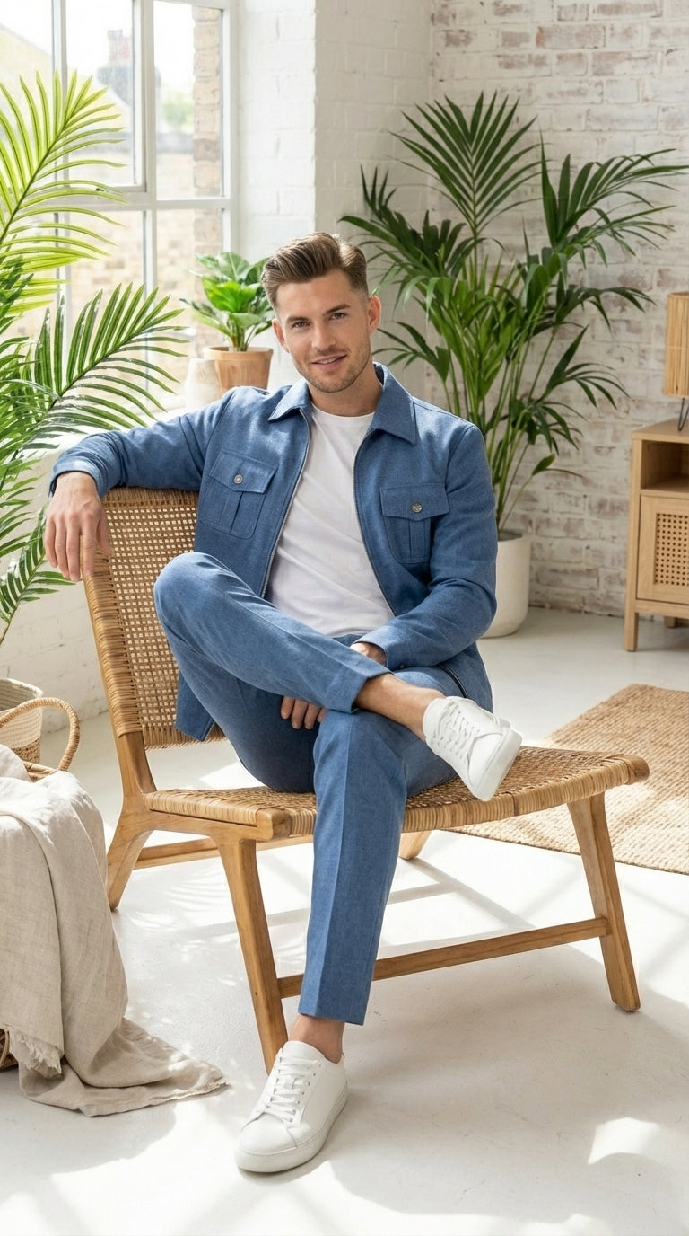 Mens Light Blue Walking Suit Set – Safair Military Casual Jacket and Pants Outfit for Travel, Vacation, Streetwear - S