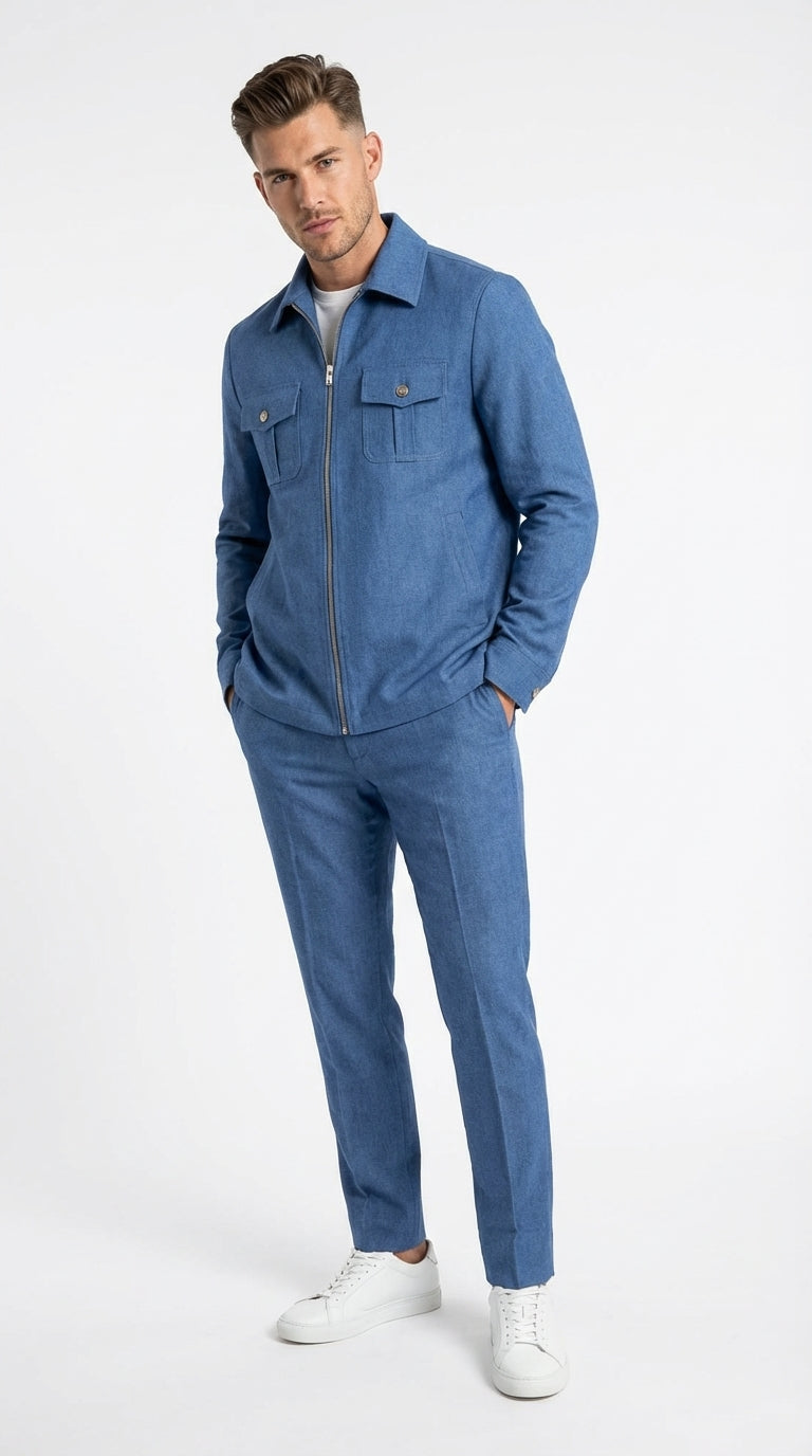 Mens Light Blue Walking Suit Set – Safair Military Casual Jacket and Pants Outfit for Travel, Vacation, Streetwear