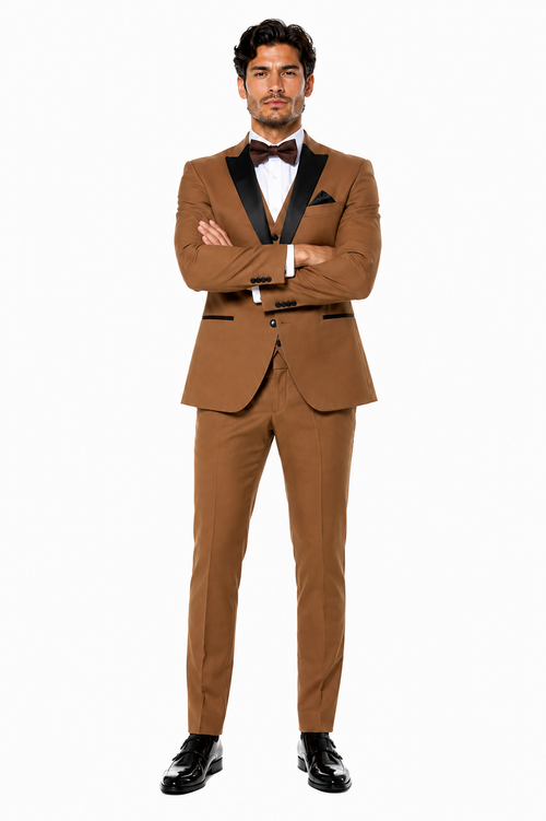 Mens Light Brown Tuxedo Suit with Black Satin Lapel – 3-Piece Formal Wedding and Prom Outfit - Country Look