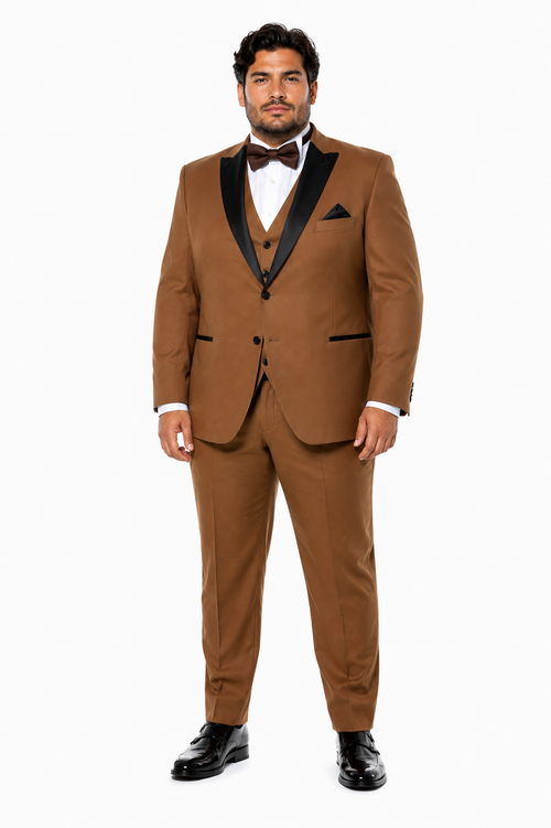 Mens Light Brown Tuxedo Suit with Black Satin Lapel – 3-Piece Formal Wedding and Prom Outfit - Country Look