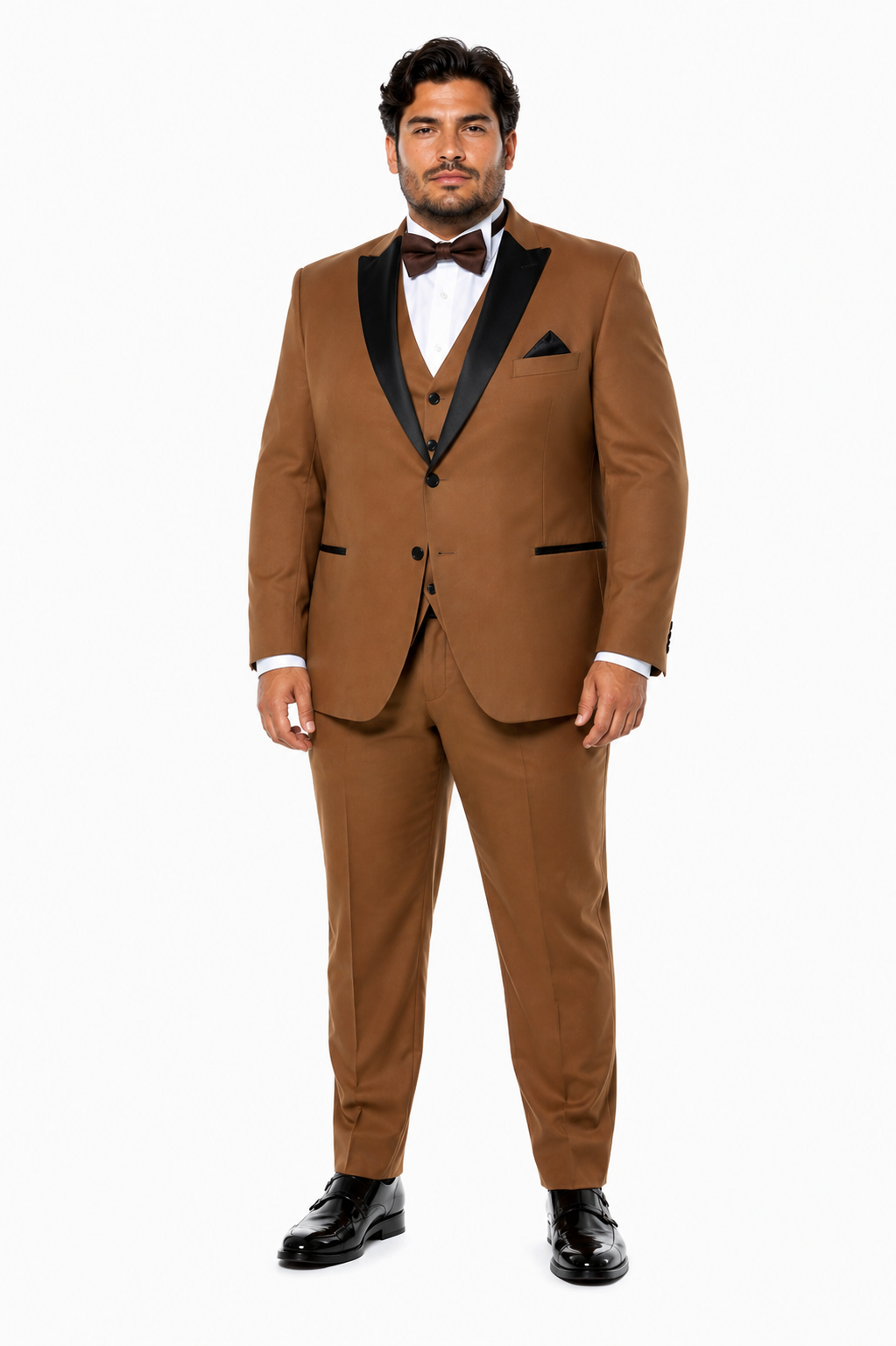 Mens Light Brown Tuxedo Suit with Black Satin Lapel – 3-Piece Formal Wedding and Prom Outfit - Country Look