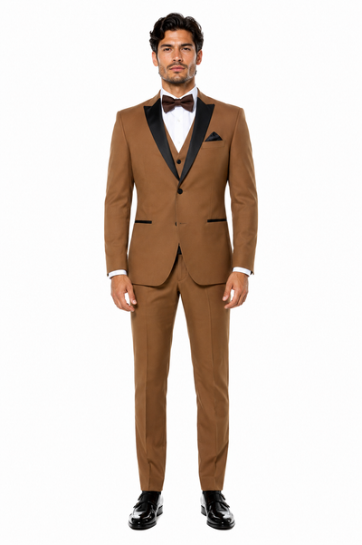 Mens Light Brown Tuxedo Suit with Black Satin Lapel – 3-Piece Formal Wedding and Prom Outfit - Country Look