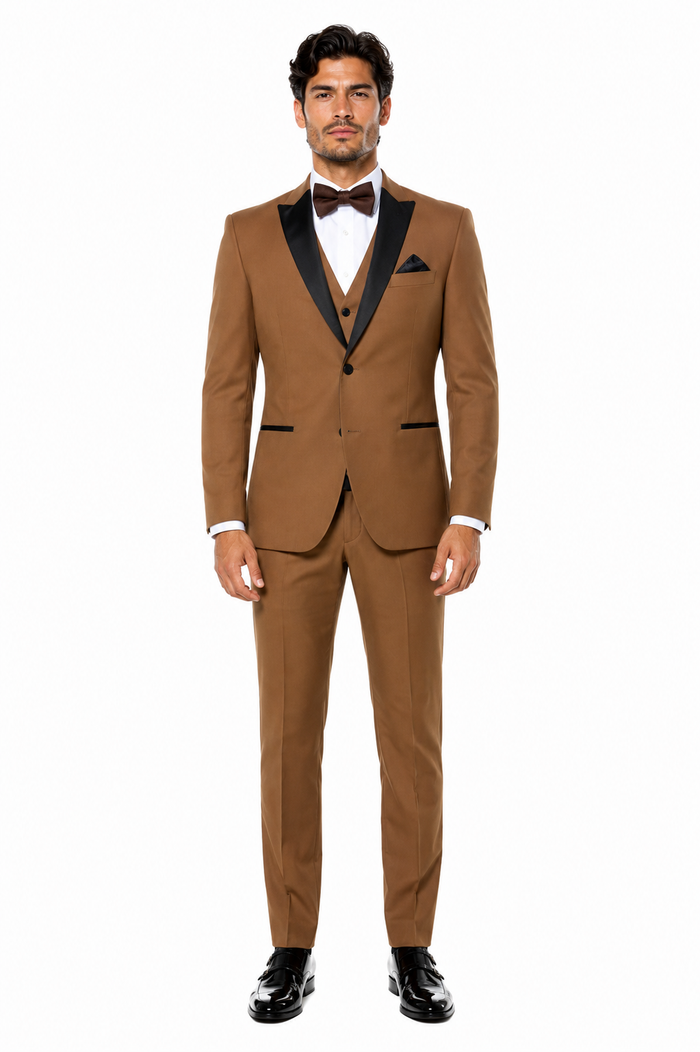 Mens Light Brown Tuxedo Suit with Black Satin Lapel – 3-Piece Formal Wedding and Prom Outfit - Country Look