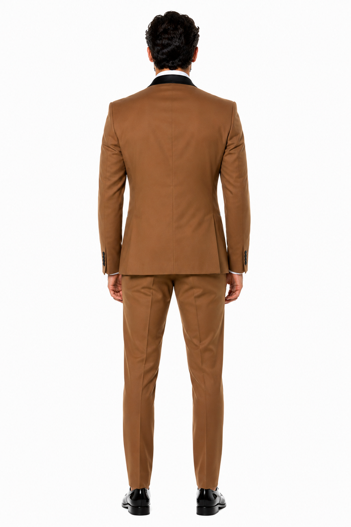 Mens Light Brown Tuxedo Suit with Black Satin Lapel – 3-Piece Formal Wedding and Prom Outfit - Country Look