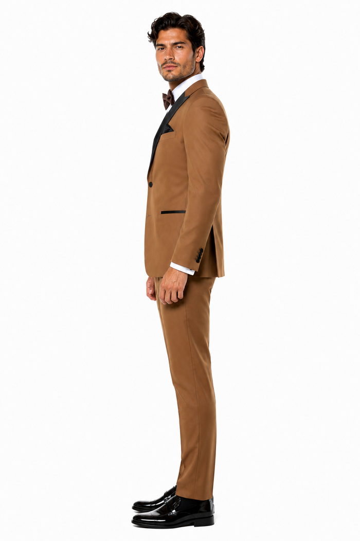 Mens Light Brown Tuxedo Suit with Black Satin Lapel – 3-Piece Formal Wedding and Prom Outfit - Country Look