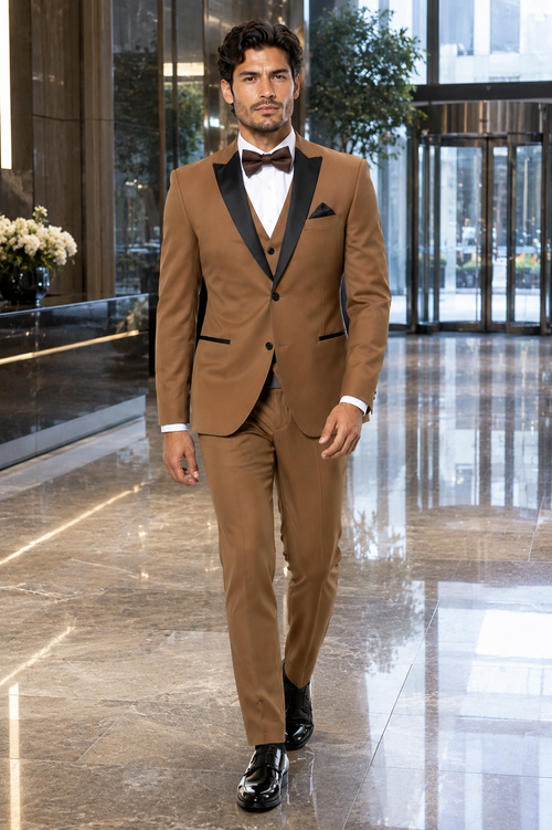 Mens Light Brown Tuxedo Suit with Black Satin Lapel – 3-Piece Formal Wedding and Prom Outfit - Country Look