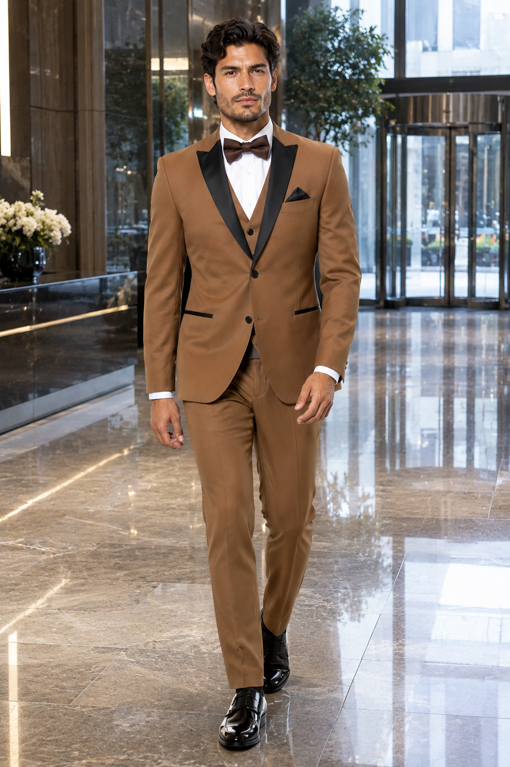 Mens Light Brown Tuxedo Suit with Black Satin Lapel – 3-Piece Formal Wedding and Prom Outfit - Country Look