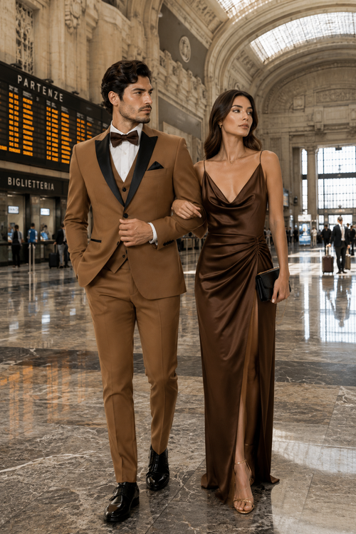 Mens Light Brown Tuxedo Suit with Black Satin Lapel – 3-Piece Formal Wedding and Prom Outfit - Country Look