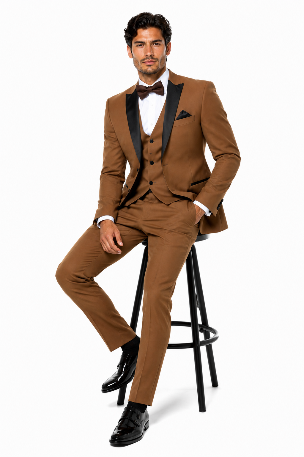 Mens Light Brown Tuxedo Suit with Black Satin Lapel – 3-Piece Formal Wedding and Prom Outfit - Country Look