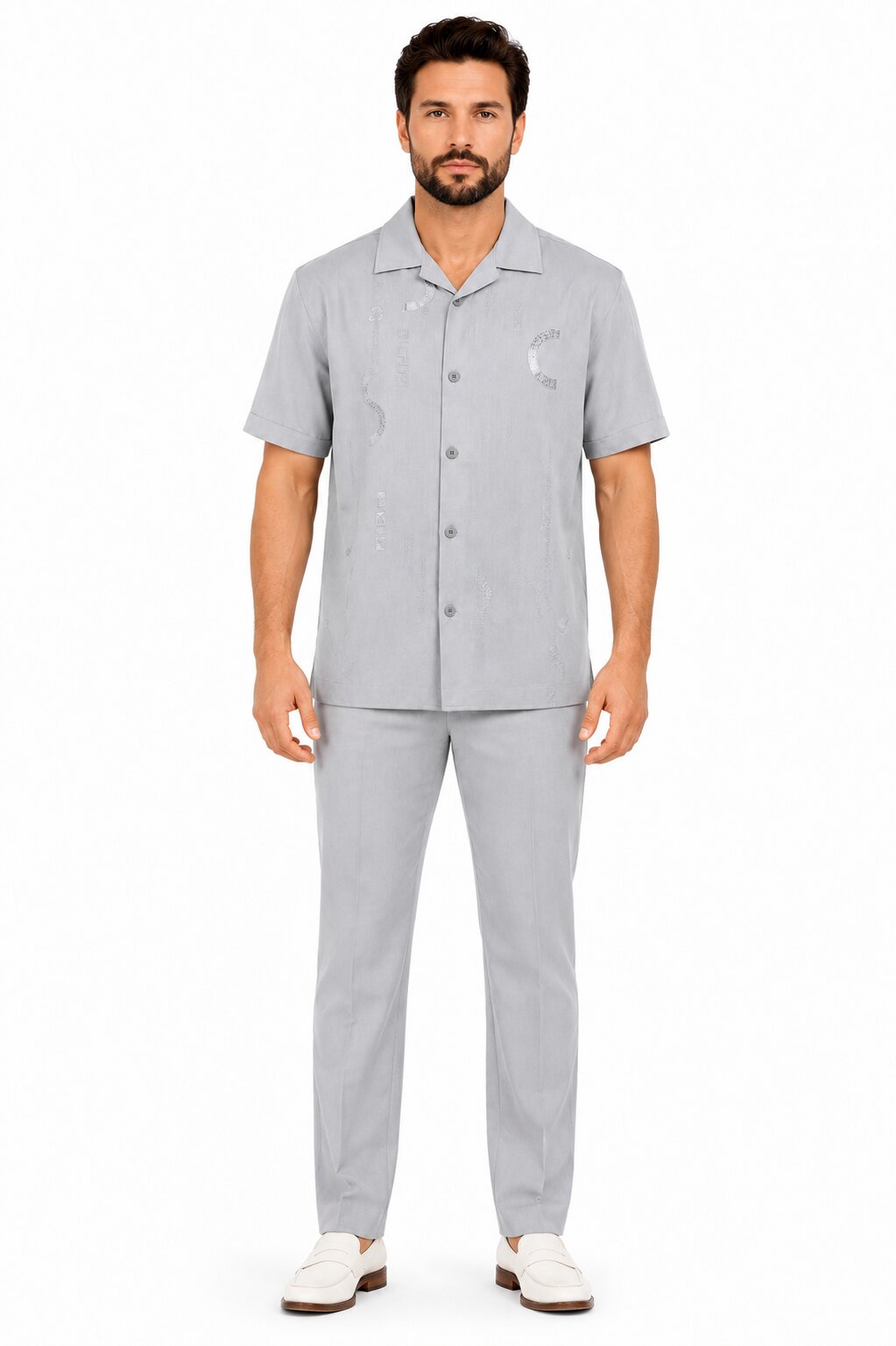 Men’s Light Gray Embroidered Walking Suit Set – 2 Piece Short Sleeve Casual Outfit - S