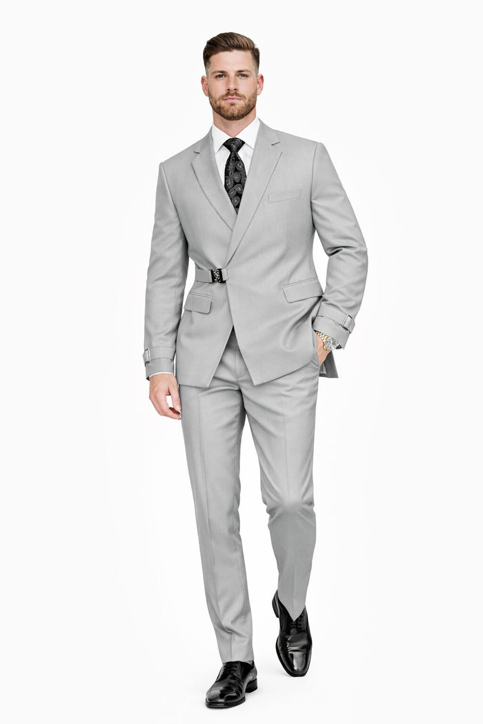 Mens Light Grey Double Breasted Modern Designer Tailored Fit Wool Suit with Metal Buckle Closure
