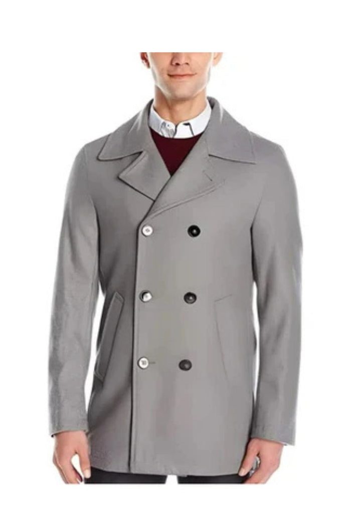 Men's Light Grey Double Breasted Wool Short Peacoat