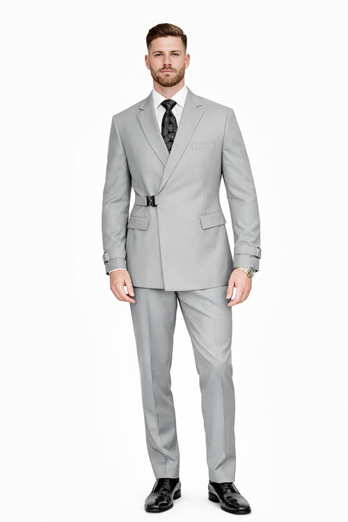 Mens Light Grey Double Breasted Modern Designer Tailored Fit Wool Suit with Metal Buckle Closure