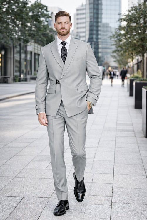 Mens Light Grey Double Breasted Modern Designer Tailored Fit Wool Suit with Metal Buckle Closure